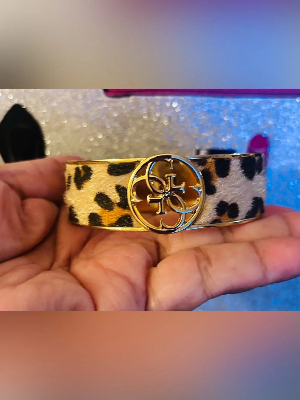 Guess Leopard Print Logo Cuff Bracelet in Gold